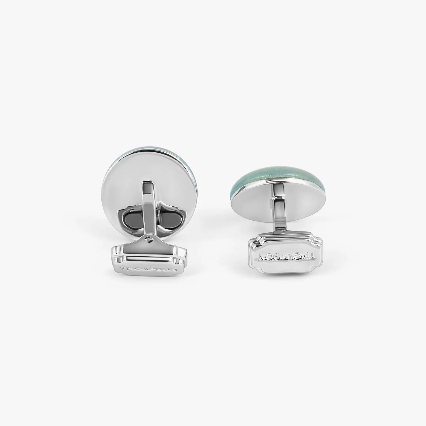 THOMPSON Woven Round Cufflinks In White Bronze plated Base Metal With Blue Jade