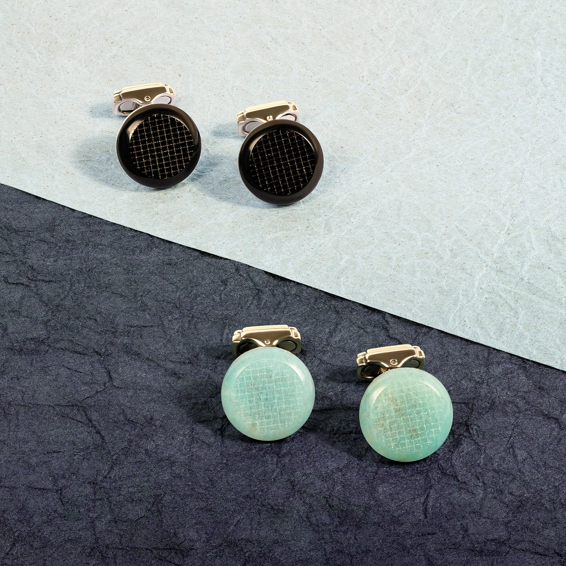 THOMPSON Woven Round Cufflinks In White Bronze plated Base Metal With Onyx