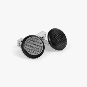 THOMPSON Woven Round Cufflinks In White Bronze plated Base Metal With Onyx