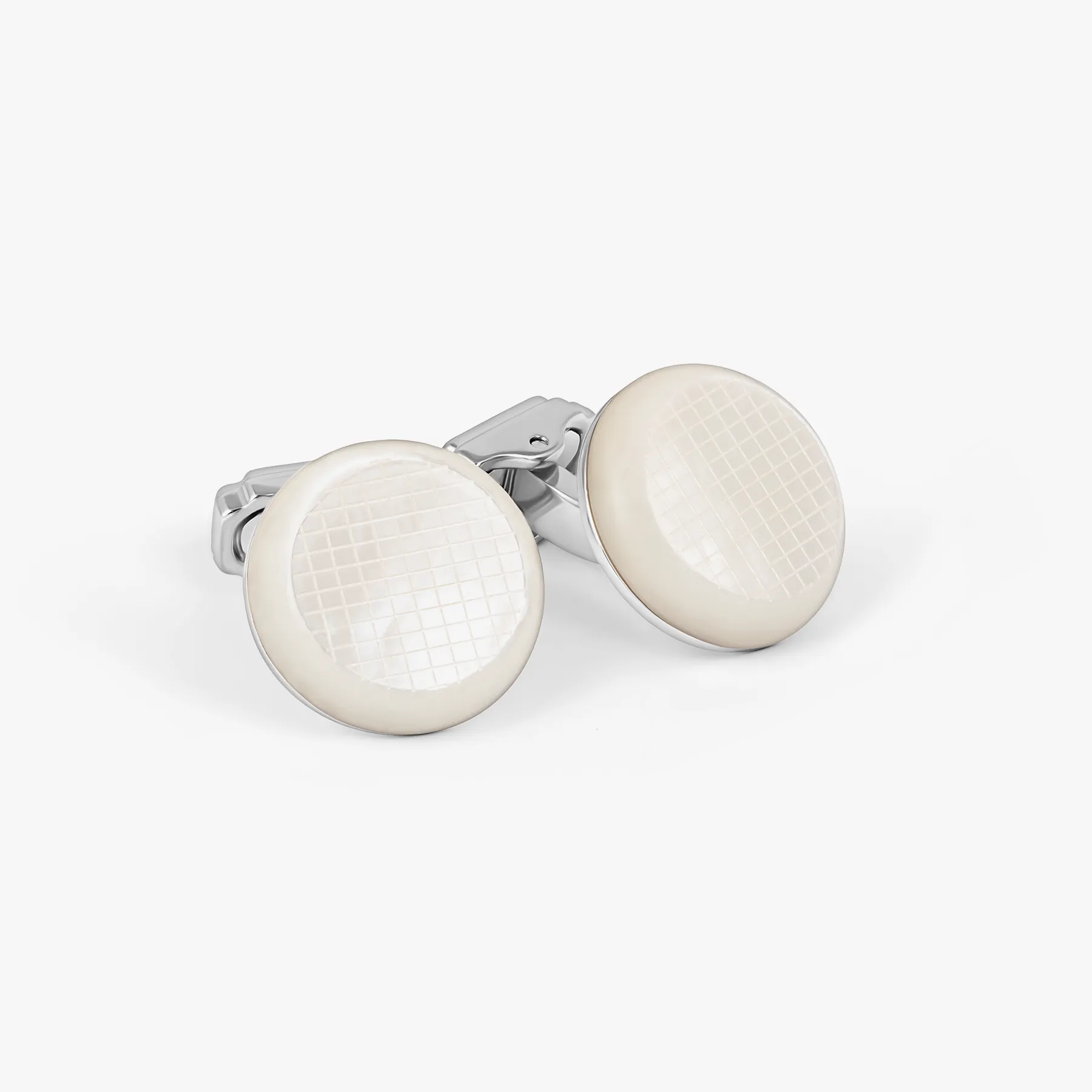 THOMPSON Woven Round Cufflinks In White Bronze plated Base Metal With White Mother Of Pearl