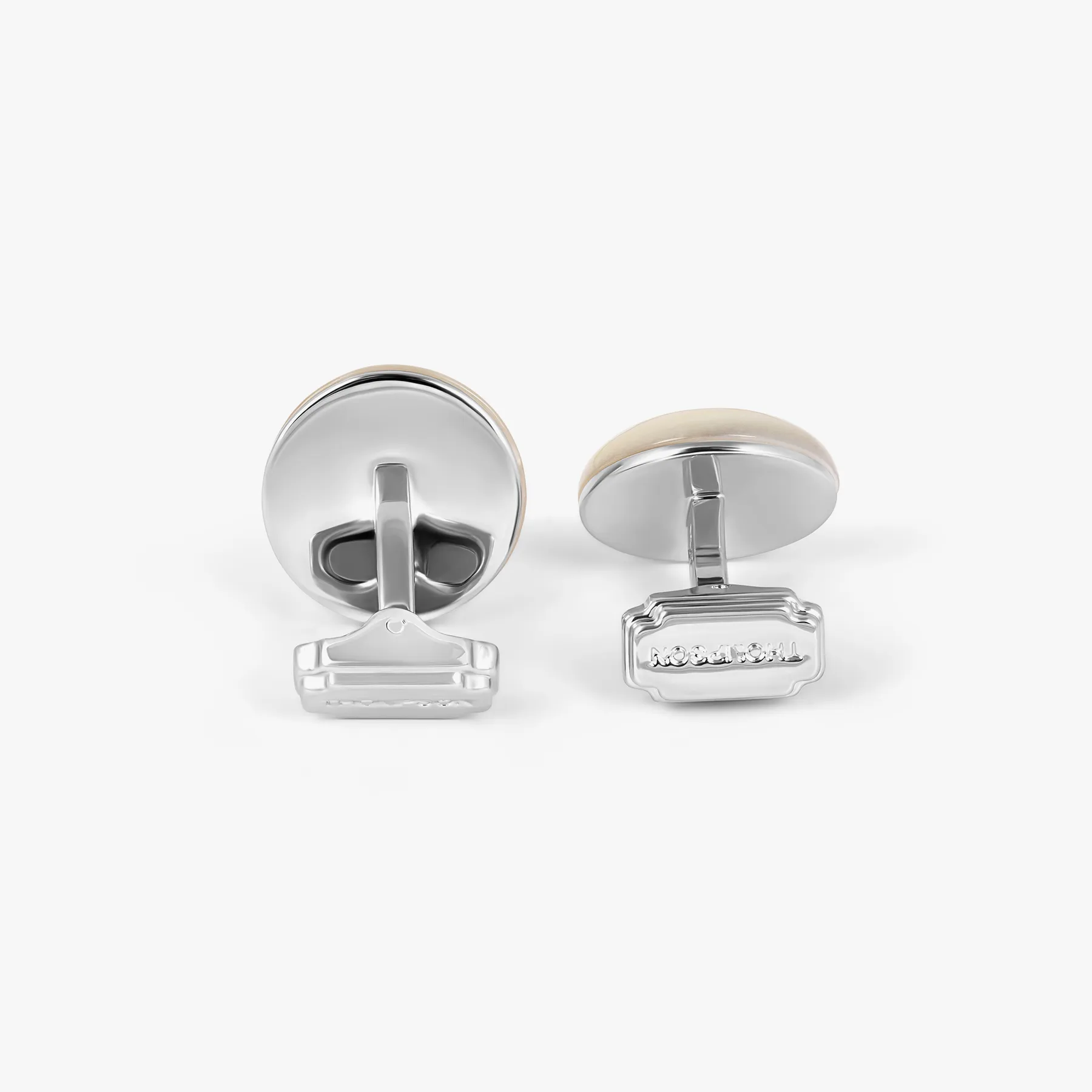 THOMPSON Woven Round Cufflinks In White Bronze plated Base Metal With White Mother Of Pearl