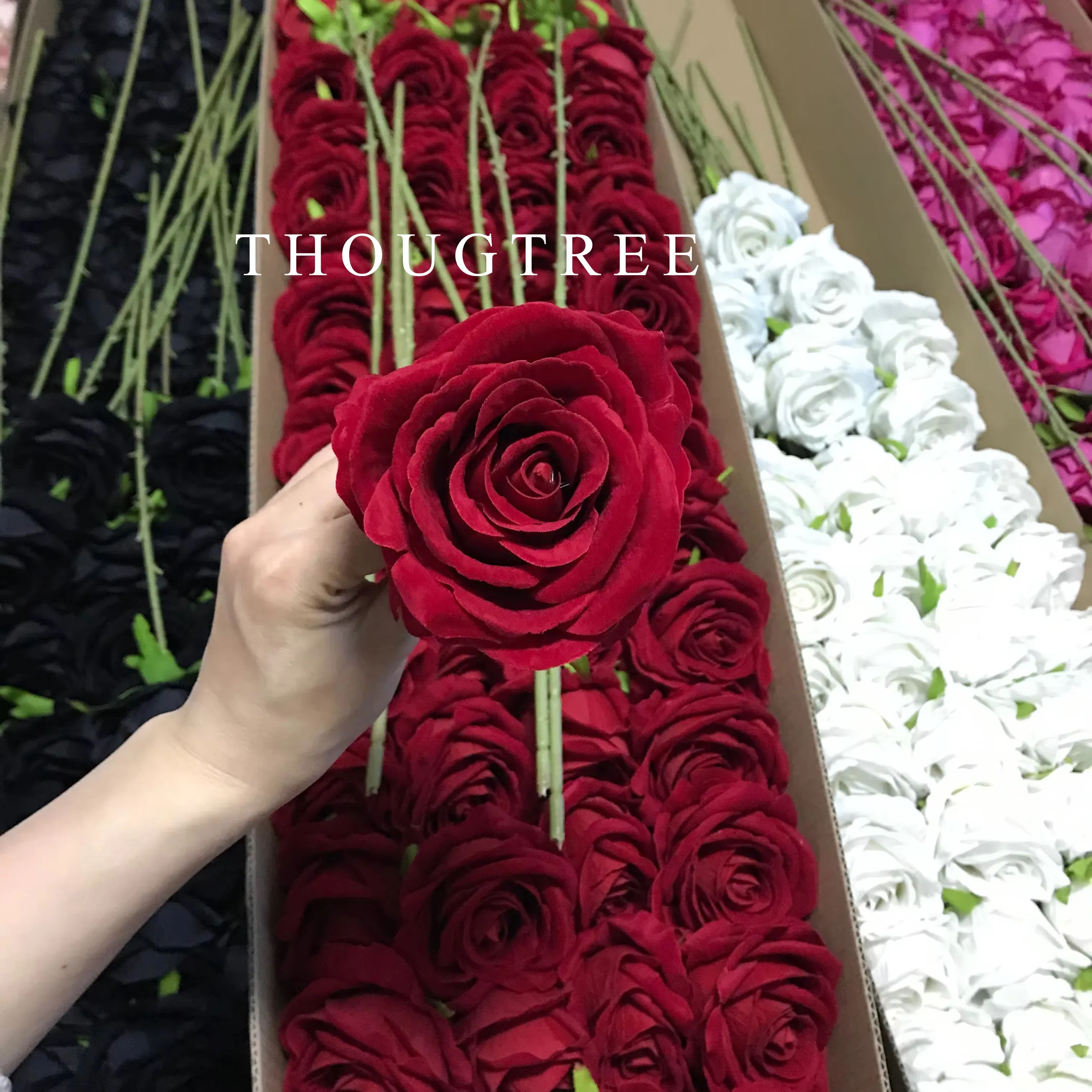 THOUGTREE Artificial flowers,High Quality Artificial Single Velvet Roses Flower Red White Real Touch Rose Decorative Flowers