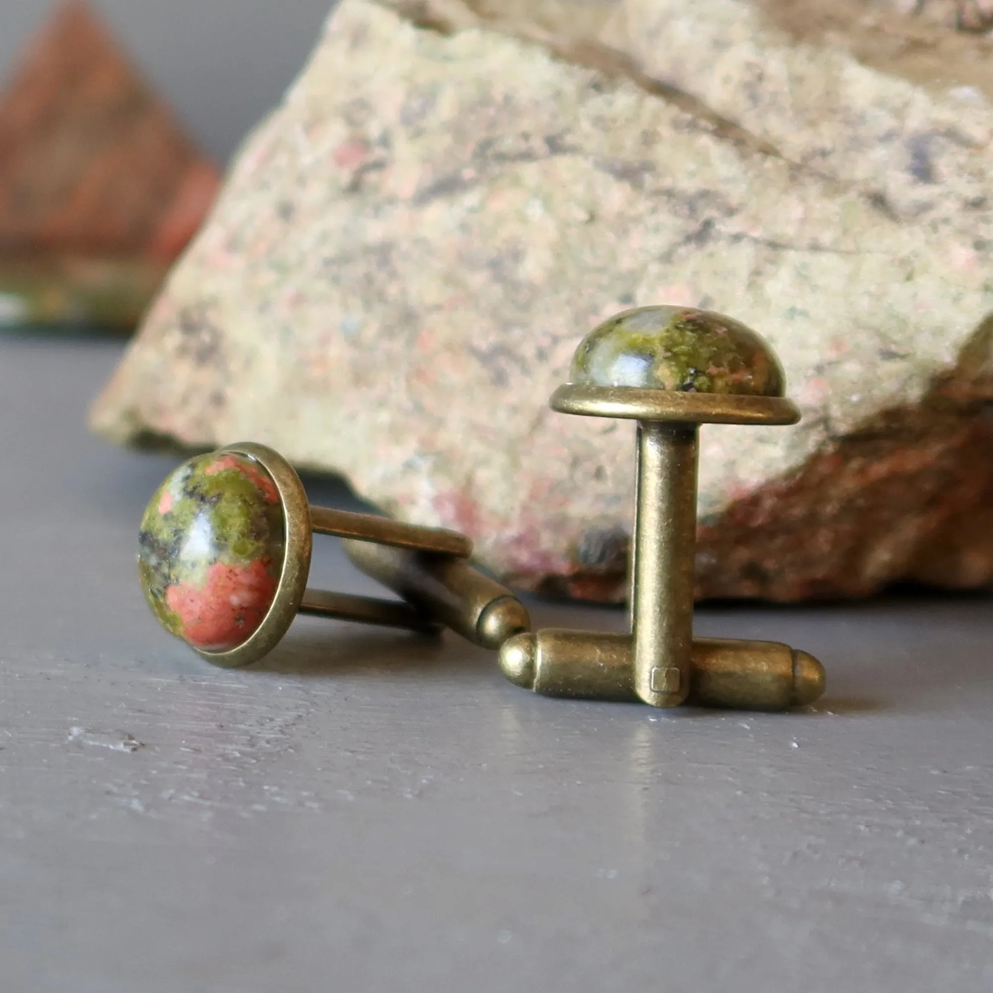 Unakite Cufflinks Pink Green Antiqued Bronze