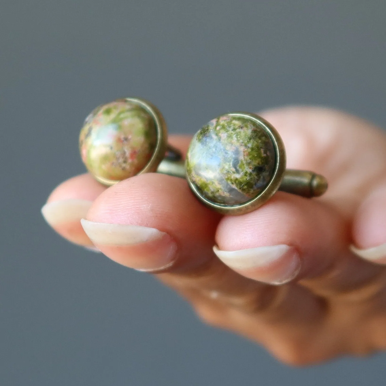 Unakite Cufflinks Pink Green Antiqued Bronze