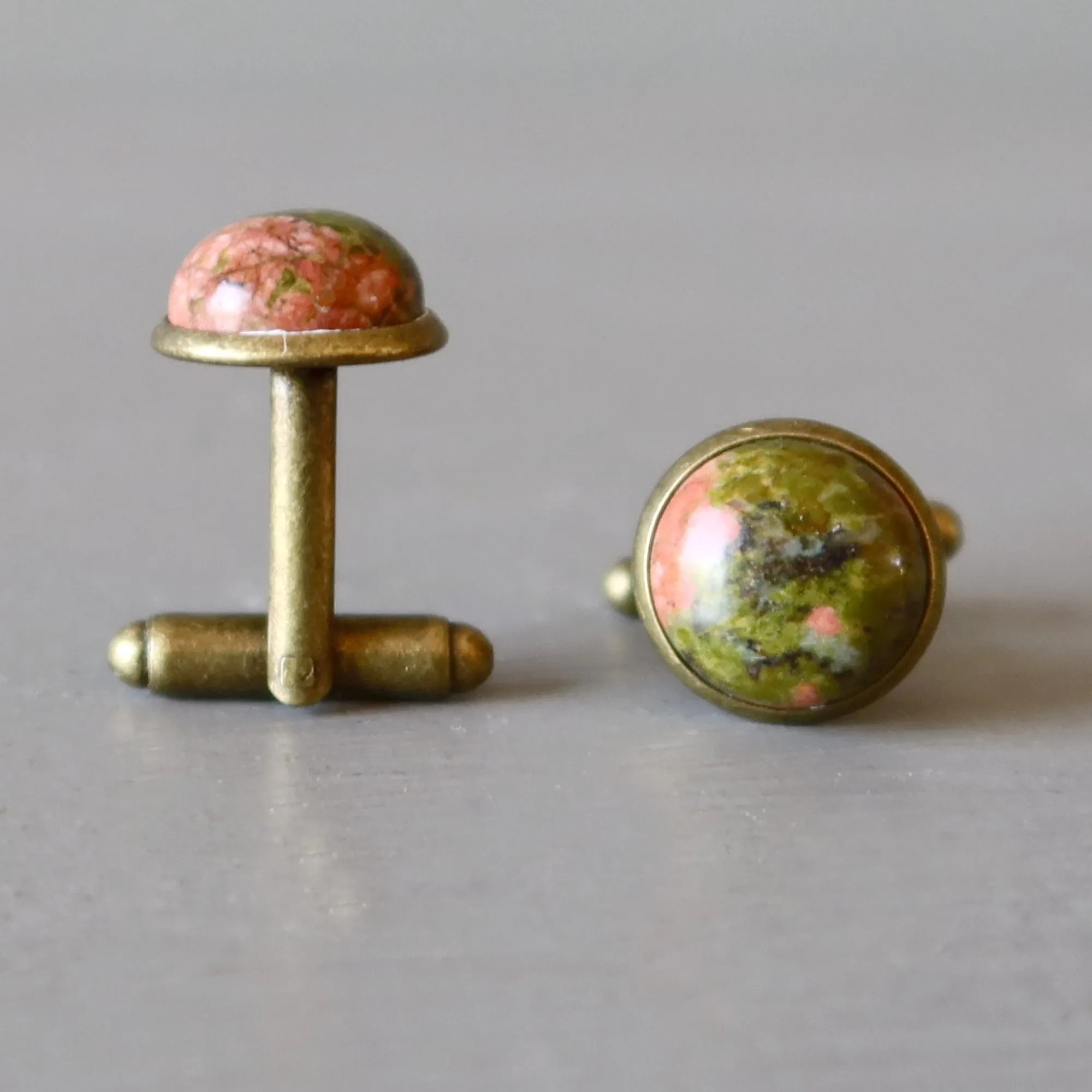 Unakite Cufflinks Pink Green Antiqued Bronze