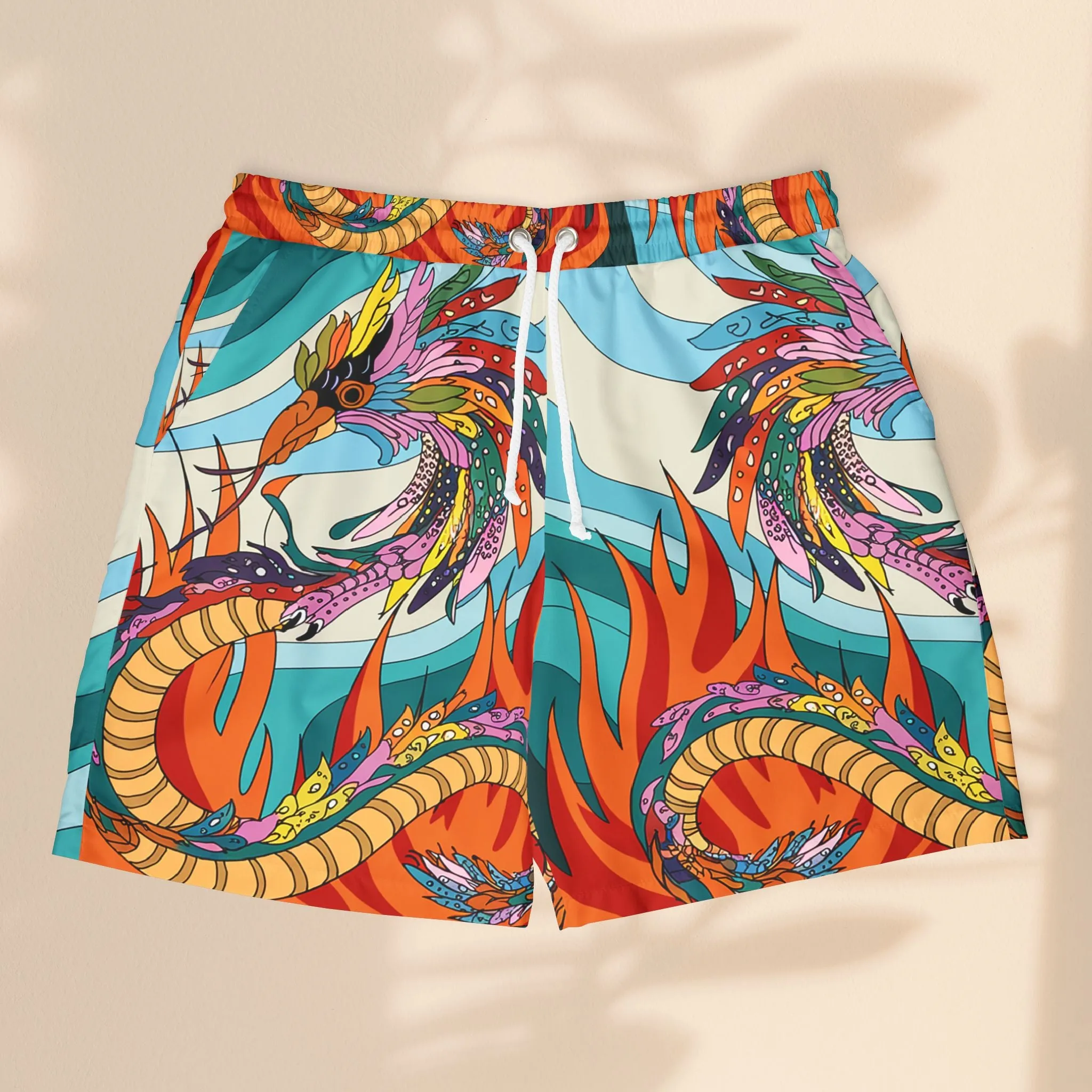 Vibrant Phoenix Dragon Print Unisex Swim Shorts - Perfect for Summer Fun