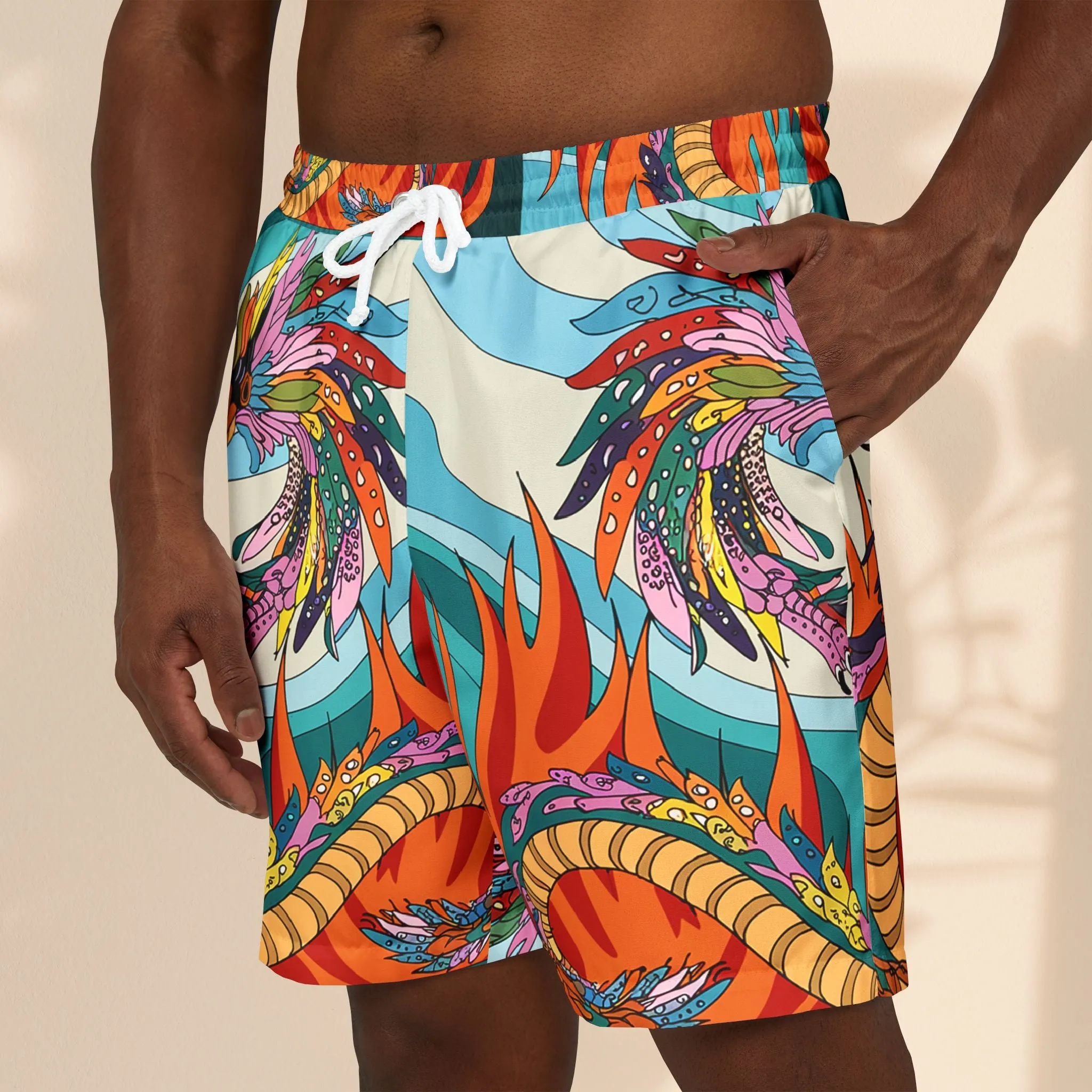 Vibrant Phoenix Dragon Print Unisex Swim Shorts - Perfect for Summer Fun
