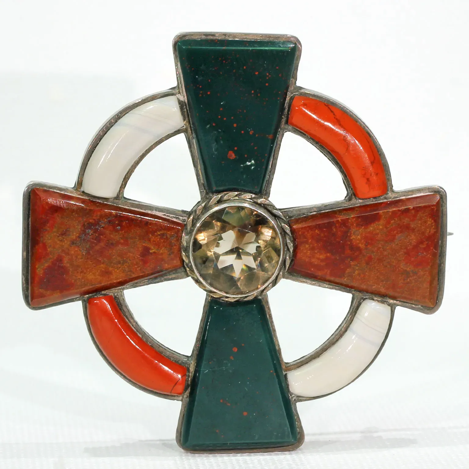 Victorian Scottish Pebble Brooch Pin Agate Bloodstone Silver