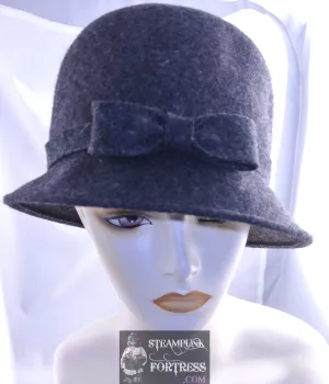 VINTAGE 1940S 1950S GREY GRAY TRIXIE WOOL BOW CLOCHE HAT SMALL BRIM