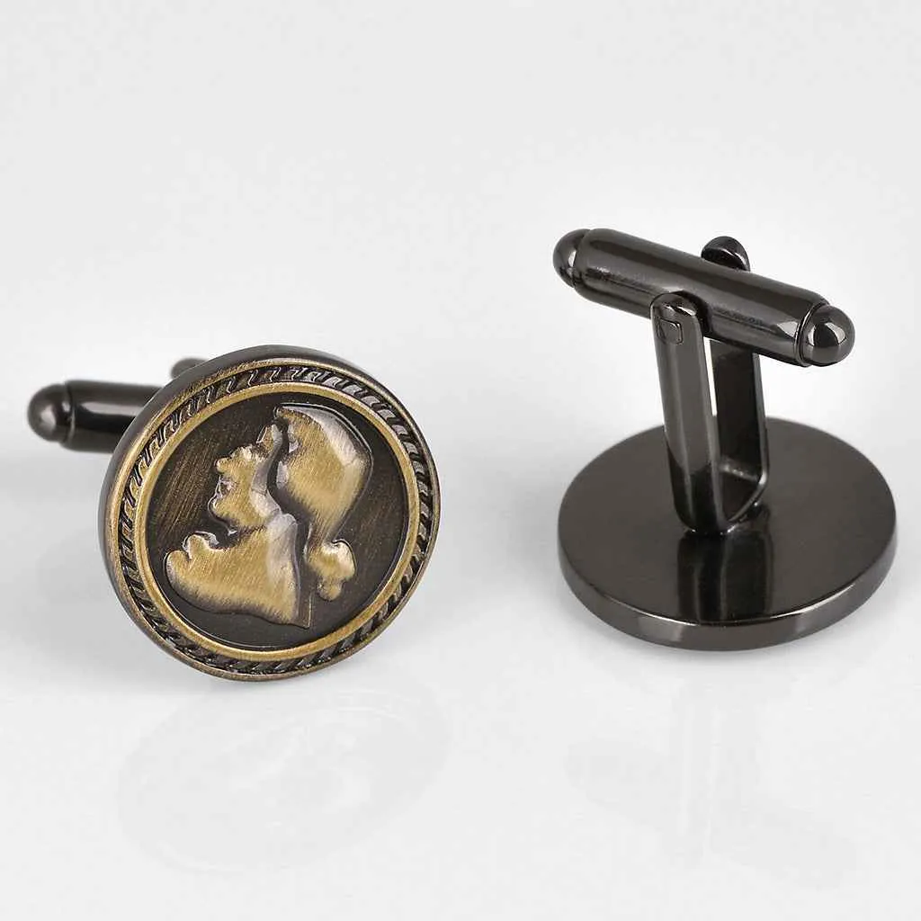 Vintage Bronze Round Portrait Cufflinks for Distinguished Gentlemen