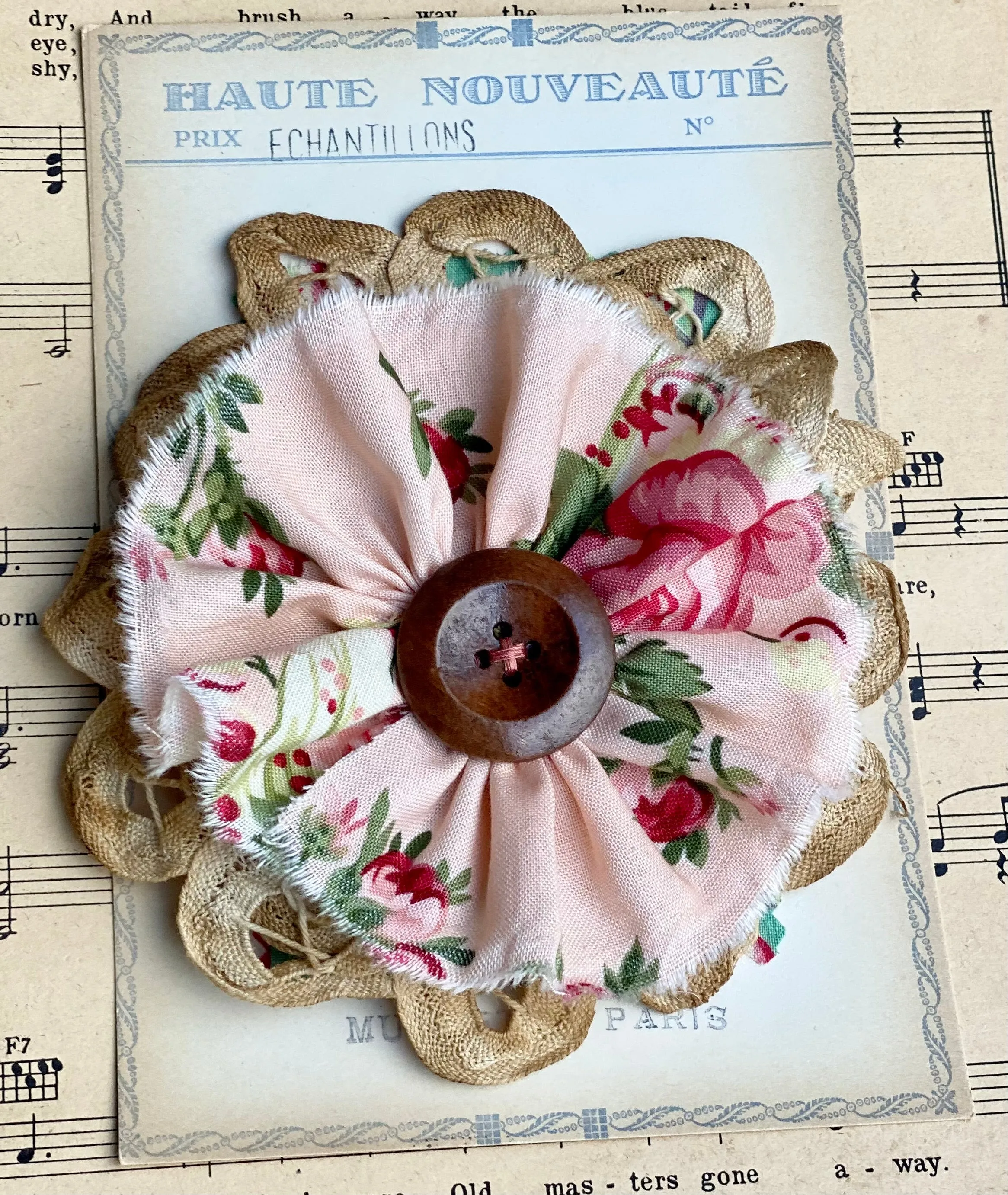 Vintage Rose and lace flower brooch.