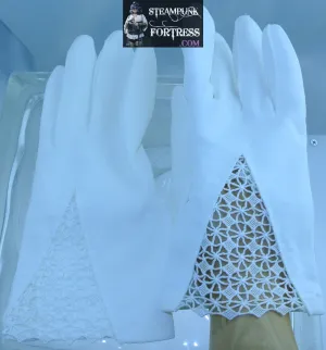 VINTAGE WHITE LACE V CUTOUT NYLON WRIST LENGTH GLOVES - MASS PRODUCED