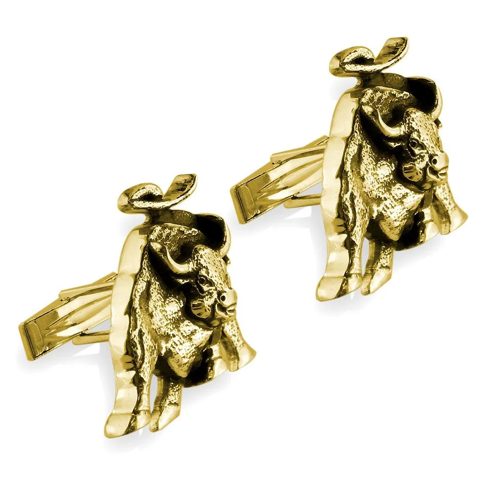 Wall Street Charging Bull Cufflinks with Black in 14K Yellow Gold