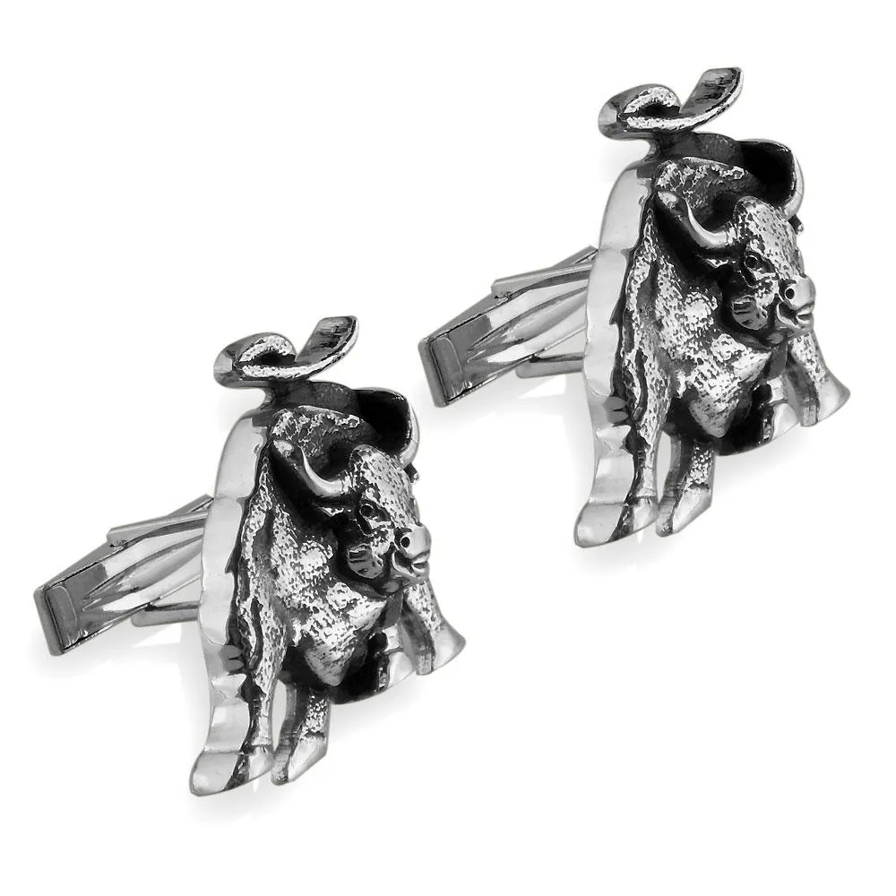 Wall Street Charging Bull Cufflinks with Black in Sterling Silver