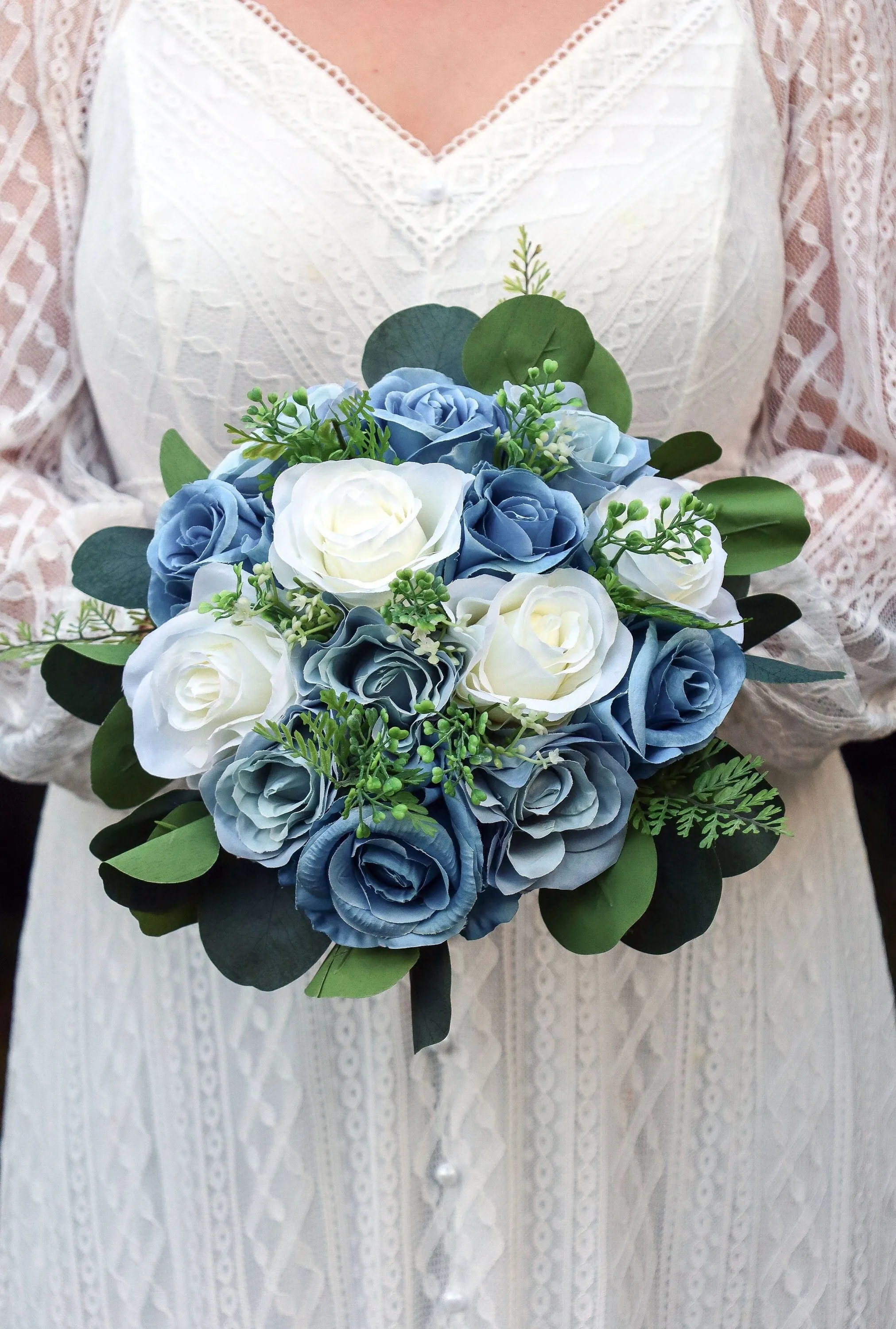 Wedding Bouquet Blue, Artificial Steel Blue Dusty Blue white Bridal Bridesmaids Bouquets, Boho Bouquet Silk, Faux Wedding Flowers, Silk