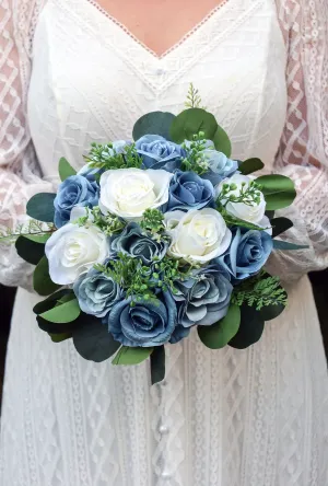 Wedding Bouquet Blue, Artificial Steel Blue Dusty Blue white Bridal Bridesmaids Bouquets, Boho Bouquet Silk, Faux Wedding Flowers, Silk