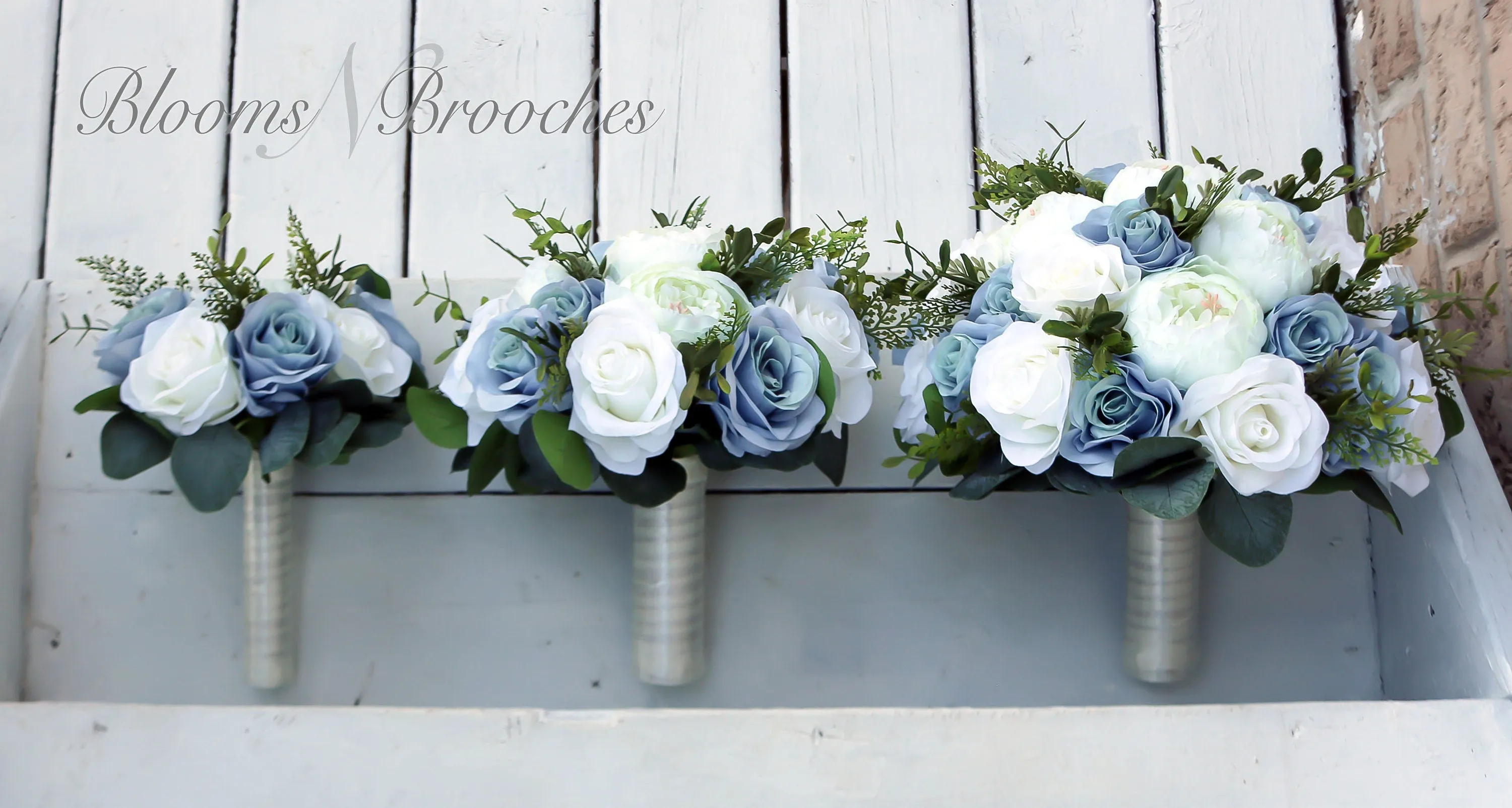Wedding bouquet, Dusty Blue  and  Ivory Bridesmaids bouquet, Wedding Flowers, Boho Wedding, Corsage, bridal Flower Package