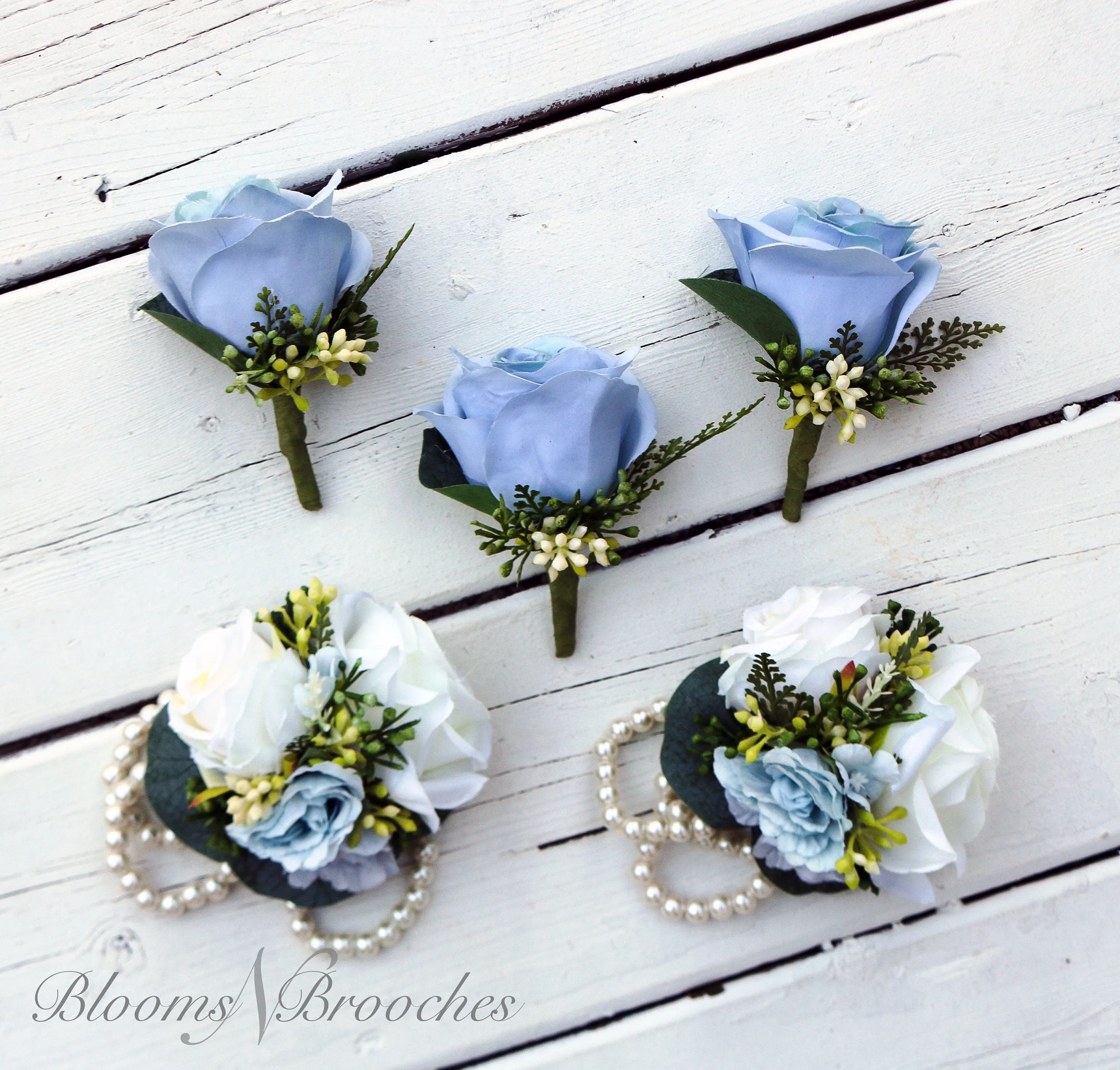 Wedding bouquet, Dusty Blue  and  Ivory Bridesmaids bouquet, Wedding Flowers, Boho Wedding, Corsage, bridal Flower Package