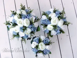 Wedding bouquet, Dusty Blue  and  Ivory Bridesmaids bouquet, Wedding Flowers, Boho Wedding, Corsage, bridal Flower Package