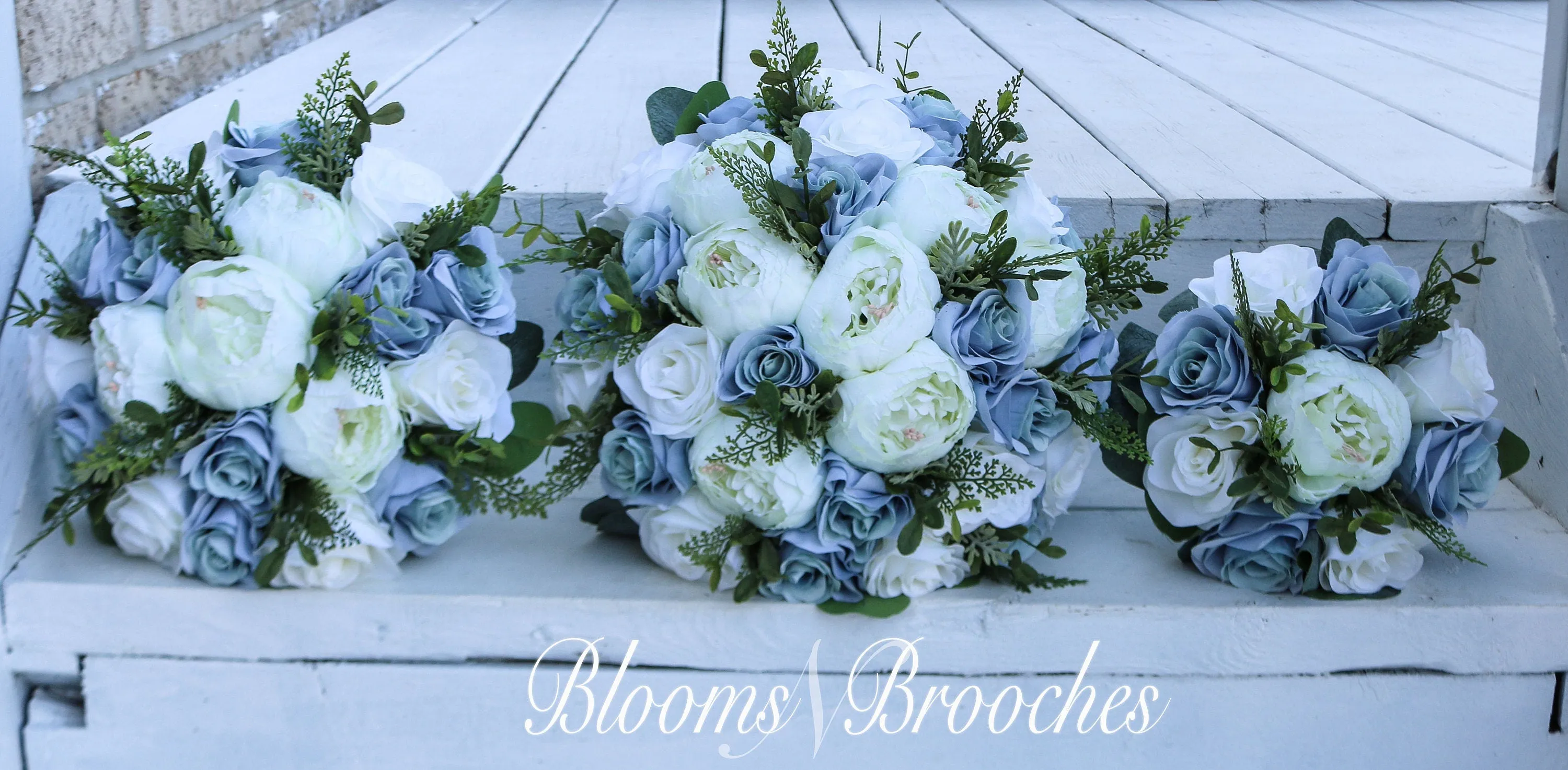 Wedding bouquet, Dusty Blue  and  Ivory Bridesmaids bouquet, Wedding Flowers, Boho Wedding, Corsage, bridal Flower Package