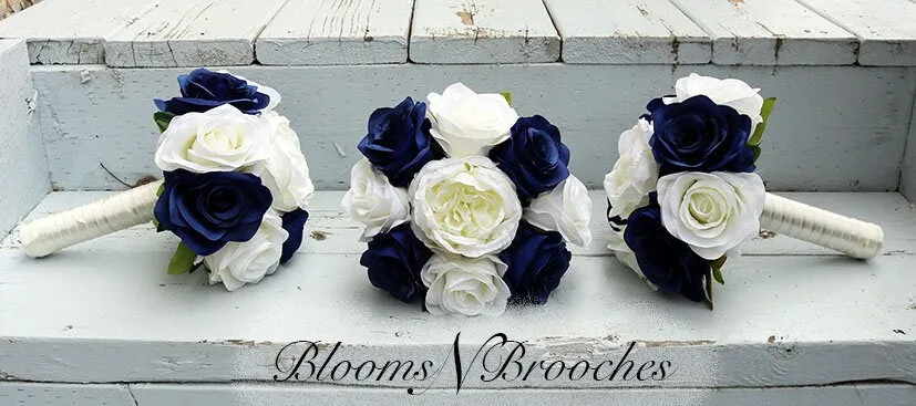 Wedding Bouquet Navy and Ivory, Bridal Bouquet With Rhinestone and Pearls, Wedding Flowers, Bridesmaid Bouquets, bridal Flower Package
