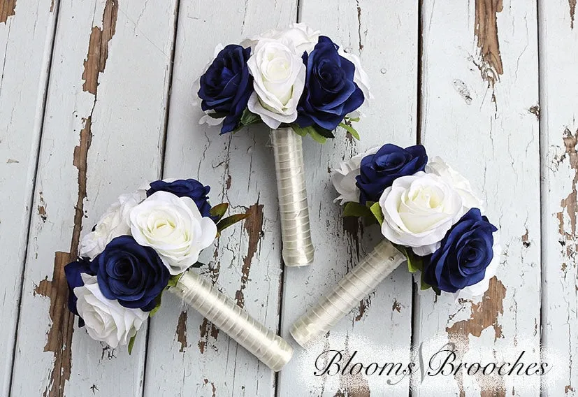 Wedding Bouquet Navy and Ivory, Bridal Bouquet With Rhinestone and Pearls, Wedding Flowers, Bridesmaid Bouquets, bridal Flower Package