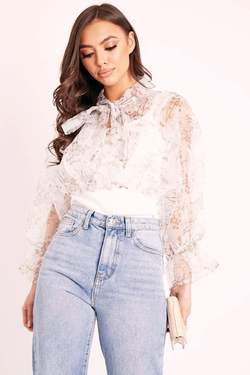 White Floral Half Mesh Ribbed Insert Neck Tie Blouse - Sammie