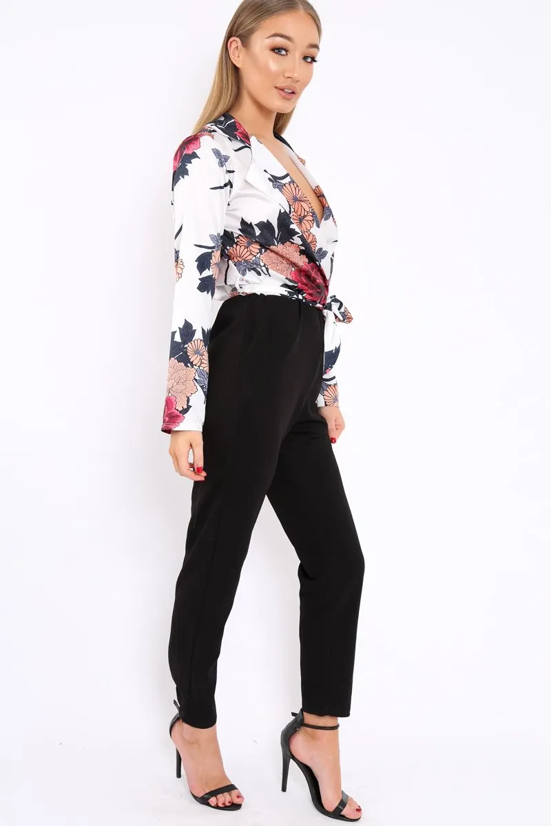 White Floral Plunge Satin Wrap Front Jumpsuit - Talulah