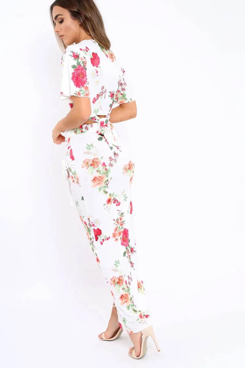 White Floral Print Split Maxi Skirt- Shayna