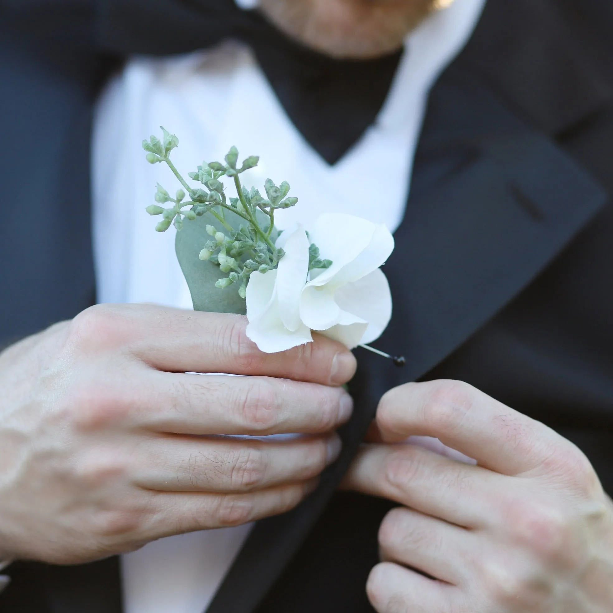White Flower Eucalyptus Boutonniere