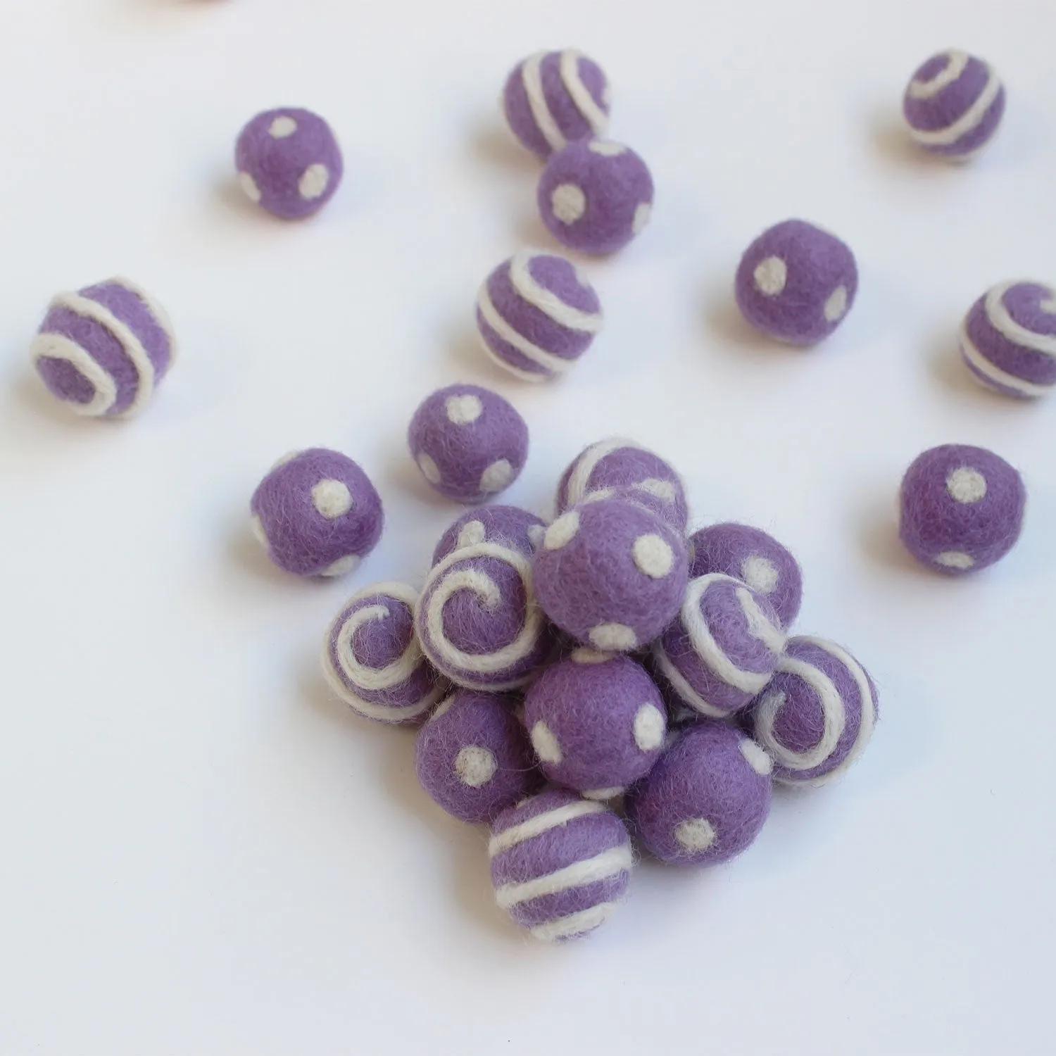 White On Lavender Polka Dot Swirl Felt Balls