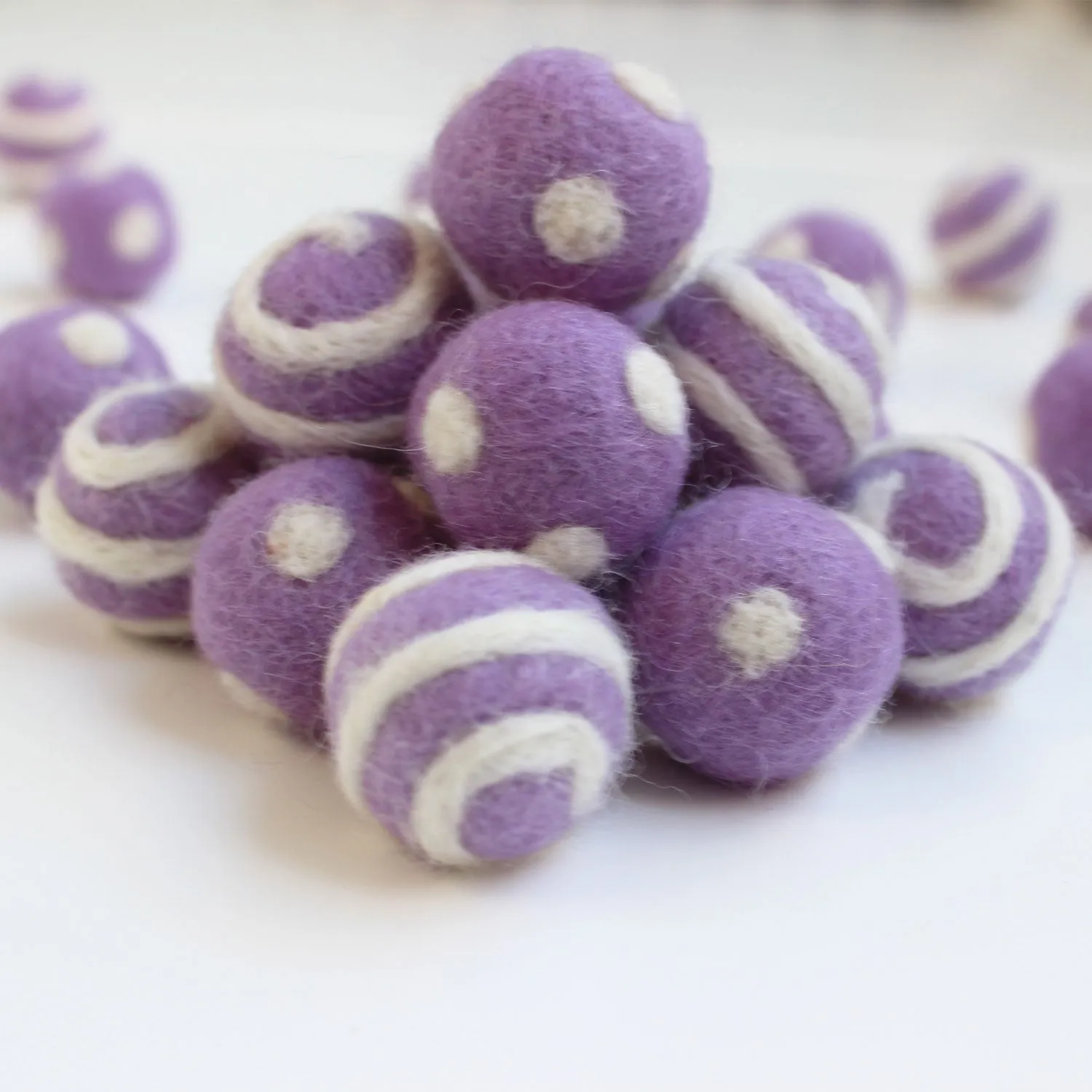 White On Lavender Polka Dot Swirl Felt Balls