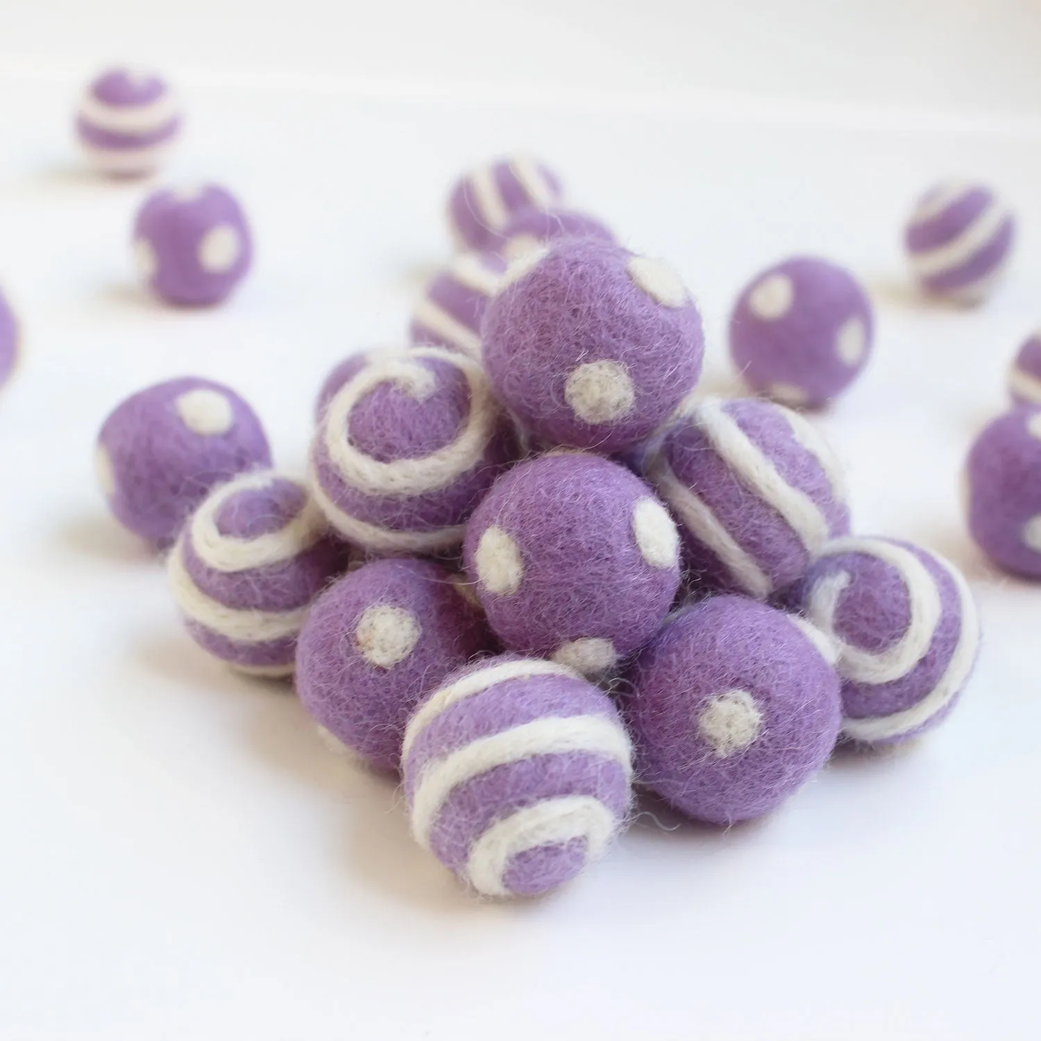 White On Lavender Polka Dot Swirl Felt Balls