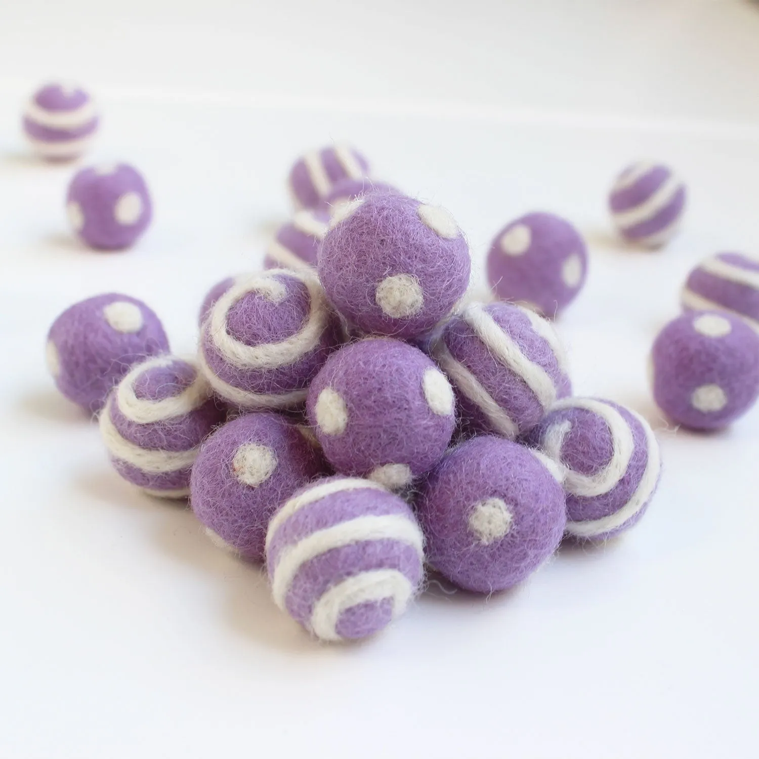 White On Lavender Polka Dot Swirl Felt Balls