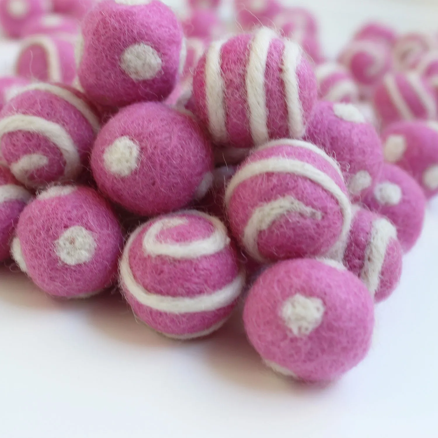 White On Pink Polka Dot Swirl Felt Balls