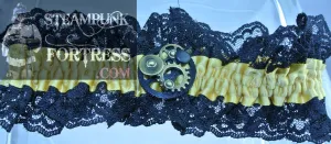 YELLOW XL PLUS  GOLD GEARS BLACK FOCAL BLACK STUDS BLACK LACE GARTER STARR WILDE STEAMPUNK FORTRESS