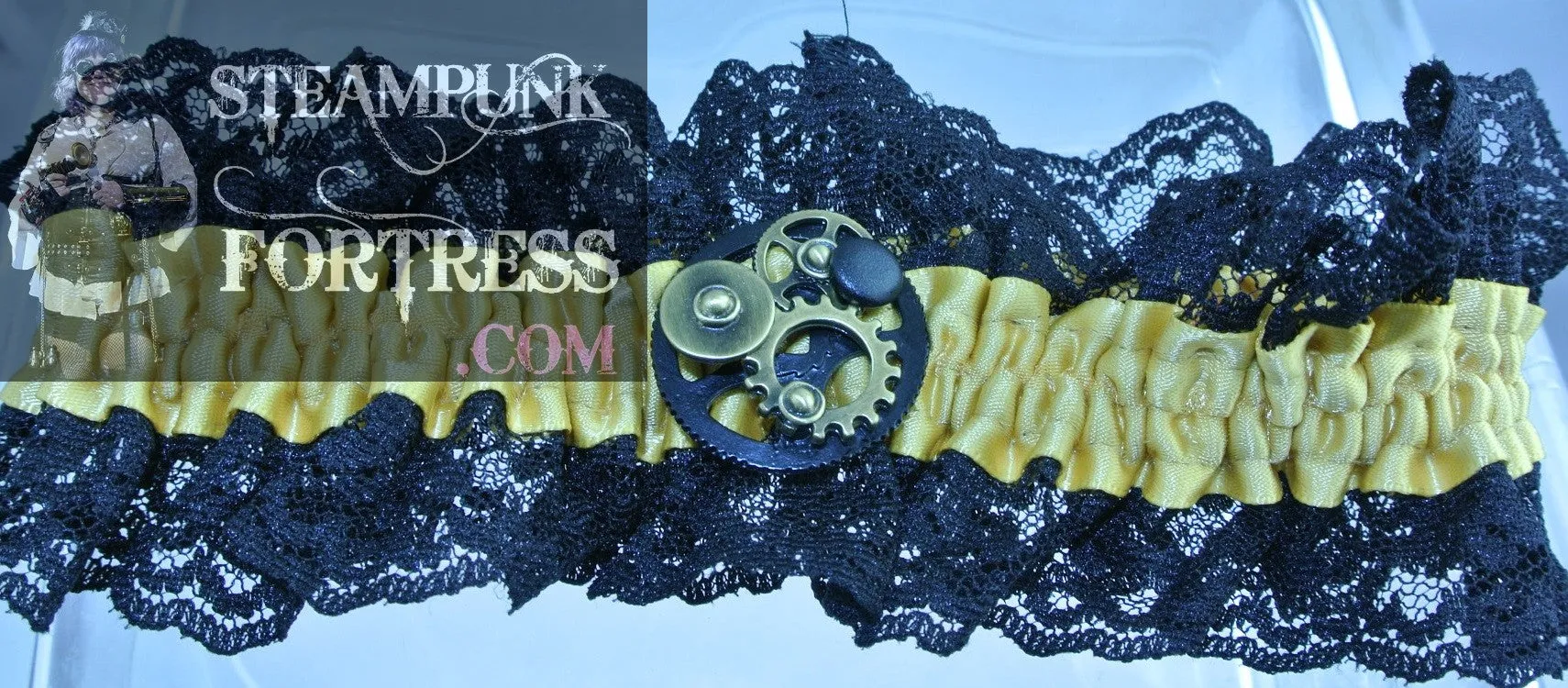 YELLOW XL PLUS  GOLD GEARS BLACK FOCAL BLACK STUDS BLACK LACE GARTER STARR WILDE STEAMPUNK FORTRESS