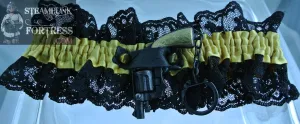 YELLOW XL PLUS GUN BLACK GOLD SMALL CAP GUN KEYCHAIN GOLD STUDS BLACK LACE GARTER WEDDING WESTERN HALLOWEEN COSPLAY COSTUME STARR WILDE STEAMPUNK FORTRESS