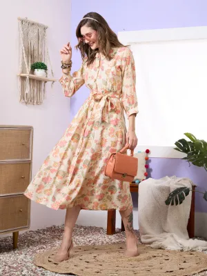 ZOLA Exclusive Collar Neck Chanderi silk All Over Botanical Print Beige A-Line Ethnic Dress For Women